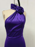 Purple Satin Halter Neck 3D Flower Design Backless Maxi Dress-Outfit