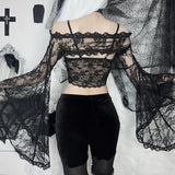 Dark Style Sexy Blouse Female Button Splicing Lace Perspective Long-Sleeved Sweater Cardigan-Outfit