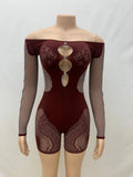 Fongt 2024 Female Solid-Colored Shoulder-To-Heart-To-Heart Sexy One-Piece Knitted Long-Sleeved Hollow Conjoined