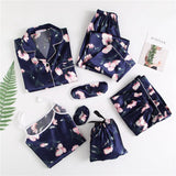 Spring 7 Pieces Set Silk Elegant Women Pajamas stripe Shorts Long Sleeve Tops Elastic Waist Pants Full Lounge