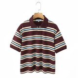 Fongt Women's Summer New Vintage Clammed Cotton Striped Polo T-Shirt T-Shirt