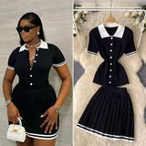 Fongt Style POLO Collar Short-Sleeved Top + High-Waisted 100-Folded Skirt Knitted Two-Piece Suit Woman