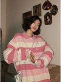 Pink Striped Tshirts Women Harajuku Korean Fashion Oversize Long Sleeve T Shirts Kawaii Preppy Style Basic