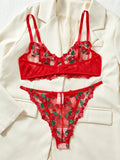 Red Cherry Embroidery Sheer Lingerie Set-Outfit
