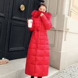 2024 Winter Tie Long Padded Clothes Korean Version Over The Knee Thick Warm Hooded Solid Color Big Wool Collar Down Cotton Suit-Outfit