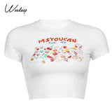 Cute Fruit Print T-Shirt Women O Neck Short Sleeve Crop Top Summer Casual Basic White Tee Korean Streetwear New