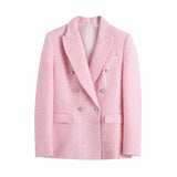 Spring Plaid Textured Double-Breasted Suit Coat Textured Mini Skirt Suit-Outfit