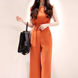Summe Office Lady Jumpsuit Casual Tight Waist Fashion Orange Wide Leg