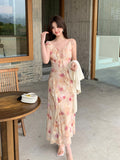 Fongt Xixi 2025 Summer New Korean Version Of High-Waisted Holiday Sling Dress V-Neck Print Pure Desire Skirt 88253