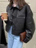 Vintage Lapel Neck Pocket Loose Short Leather Jacket-Outfit