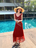 Fongt Xixi 2025 Summer New Korean Version Of High-Waisted Vacation Sling Dress V-Neck Print Pure Desire Skirt 88281