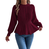 Shooting Autumn And Winter Pure Color Hemp Flowers Waist Lotus Side Long-Sleeved Jacket Sweater Women's