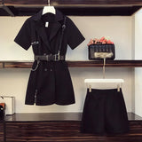 Women Black Blazer Dress And Shorts Set Summer Punk Style Short Sleeve Double Breasted Zipper Mini Dresses