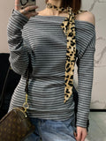 Fongt Striped Side-Slanted Shoulder-Slanted Shoulder-Clothed Woman With Thin Waists And Gentle Gentle And Comfortable T-Shirts For Spring And Autumn New Long Sleeves