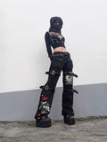 Fongt Cloth Forget Autumn Dark Black Personality Street Pocket Open Fork Straight Pants Print Casual Denim Hanging Trousers