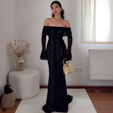 Fongt Shoulder Horn Sleeve Long Bag Hip Dress Gentle Elegant Temperament Boobs Waist Tugtail Dress