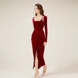 Sexy Velvet Two New Spring 2025 New Fashion Slings To Collect The Waist Thin Knot Long-Sleeved Dress