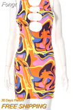 Print Halter Neck Cut Out Bodycon Mini Dress Women Half Sleeve Backless Stretchy Dresses 2023 Summer Harajuku Y2K