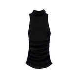 Wrinkle Waist High Collar Sleeveless Vest For Women In Spring And Summer The New Style Waist Shows Thin Black