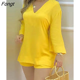 Bell Sleeve V-Neck Top & Shorts Set Casual Women Two Piece