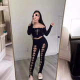 Fongt Female Solid Color Round Collar Hollow Lace Sexy Body Repair Knit 2 Pieces