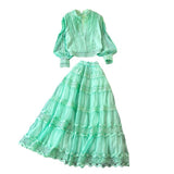 Fongt Autumn Lantern Sleeve Long-Sleeved Hollow Lace Splicing Shirt + A Word Half-Dress Dress Dress Woman