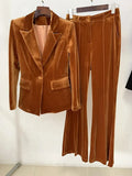 STREET Newest 2023 F/W Designer Suit Set Women's Single Button Velvet Blazer Flare Pants Set