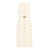 Fongt Elegant Sleeveless Round Collar Buckle Dress Dress Stylish Dress