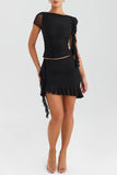 Mesh Ruffle Short Sleeve Top And Mini Skirt Set-Outfit