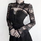 Horn Sleeve Black Collar V Inner Blouse The Court Tight Long-Sleeved Perspective Lace Bottomed Shirt-Outfit