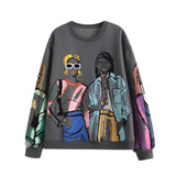 Fongt And Autumn New Women's Clothing Plus Velvet Without Hat Round Collar Loose Print Sweatshirt Shirt