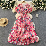 Fongt Vintage Gentle Windy Fragmented Flower Dress Summer New High Waist Thin Spinning Dress