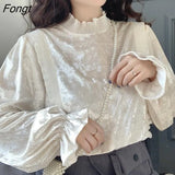 Korean Patchwork Blouses Women Stand Collar Puff Sleeve Long-sleeved Shirt Dropshipping Womens