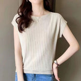 Fongt Silk Knitted Women Loose 2023 Summer New Gray Top Collar Thin Short-Sleeved T-Shirt