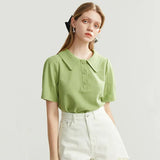 Polo Collar Women's T-shirt Loose Short-sleeved Knitted Sweater Office Lady Commute Solid Color Female Tops Summer