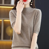 Fongt And Summer Loose And Versatile Wool Knit Short Sleeve Women Plus-Size Round-Neck Solid Color Bottom Knit T-Shirt Thin-Outfit