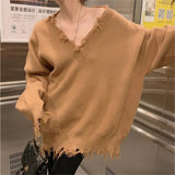 Fongt New Autumn-Winter 2023 V-Neck Sweater Female Loose Long Sleeve Lazy Wind Jacket Sweater Niche Style Broken Hole Sweater-Outfit