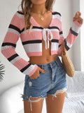 Summer Hollow Hit Striped With Long-Sleeved Umbilked Knitted