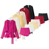 Fongt Folding Ribbon Design Loose Waist Mini Dress Shorts Set 2025 Spring And Summer Street Fashion Woman
