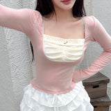 Aesthetic Square Lace Trim Long Sleeve Tee-Outfit