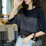Casual Batwing Sleeve Loose T-shirt Korean Solid Color Spliced Female Clothing Fashion Diamonds O-Neck Knitted Pullovers-Outfit