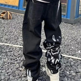 graffiti skull personalized print men jeans ins trend street couple streetwear Hip-hop straight leg loose jeans-Outfit
