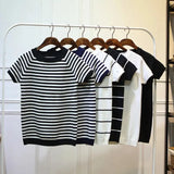 Sleeve Knit Pullover Tops Women Spring Summer Stripe Tshirts Korean White Black Knitwear Jumper Tee New