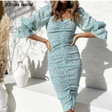 New Package Hips Dot Print Long sleeve Dress Elegant Women Lacing up Elastic Ruched Mid Long Party Dresses Slim fit