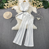 Fongt Gray West Assembly V-Neck Double Buckle Vest Sleeveless Waist Blouse + High Waist-High-Scretch Broad-Legged Trousers Two