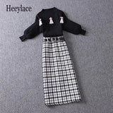 Women Autumn Winter Two Pieces Sets Office Ladies Clothing Set Turtleneck Knitted Sweaters And Tweed Plaid long Skirts