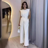 Fongt Summer New Solid Color Round Collar Sleeveless Top High Waist Broad Leg Pants Two Sets Of Women
