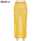 Puss Summer Knitting Sexy Long Skirt Women Elastic See-Through Hollow Out Grid Party Streetwear Bottom Solid Color