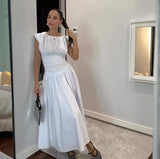 Fongt New Sweet Pure Want To Collect Waist Thin A Word French Girl Folds Splicing Short Sleeve Long Dress Woman