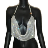 Shiny Rhinestone Crop Top For Women Sleeveless Backless Deep V Neck Tank Top See Through Adjustable Camisole Club